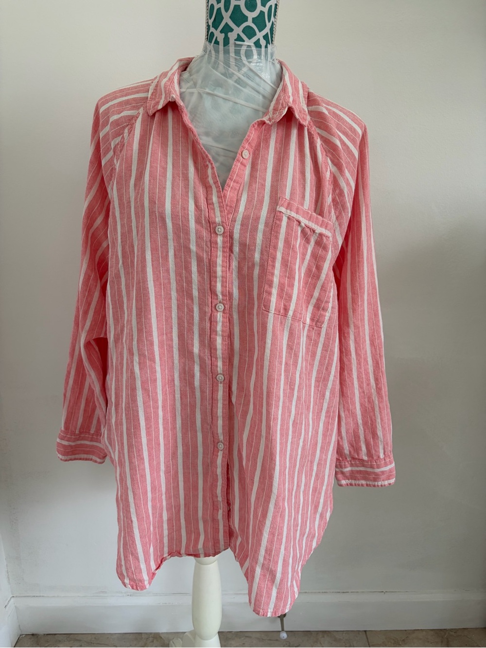 Aerie Linen Button Up Striped Shirt L ladies